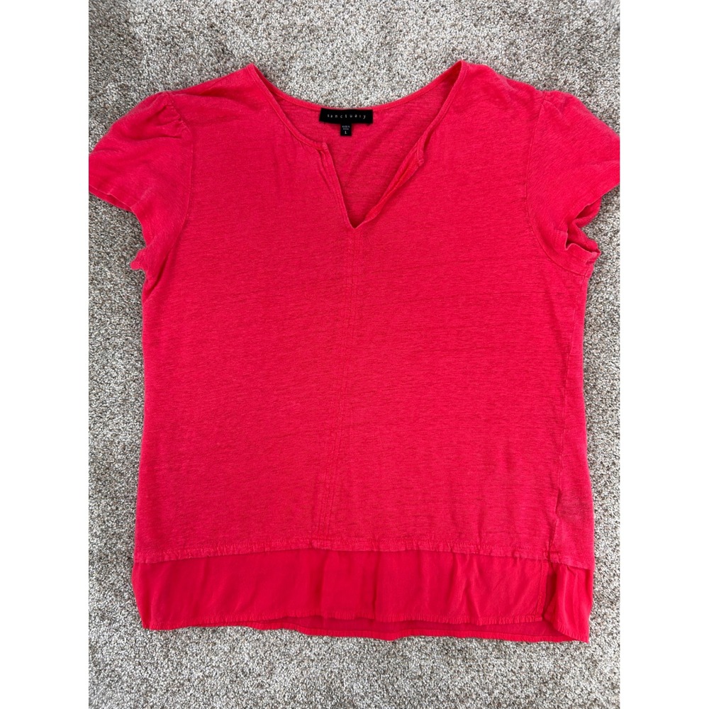 Sanctuary Minimalist Red Linen Split V-Neck Puff Sleeve Top Size Large